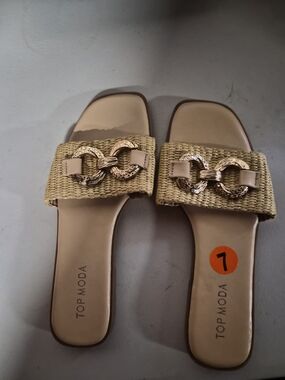 TOP Moda Tan Raffia Slide Sandals with Gold Chain Accent